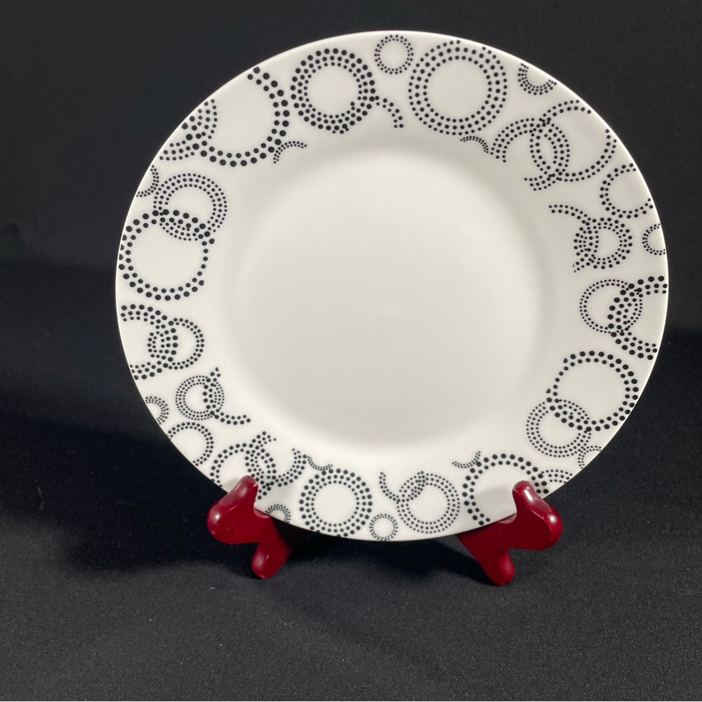 Pier 1 Eclipse  Porcelain  Salad Plates.  Set of 4 Black Dotted Circle Pattern